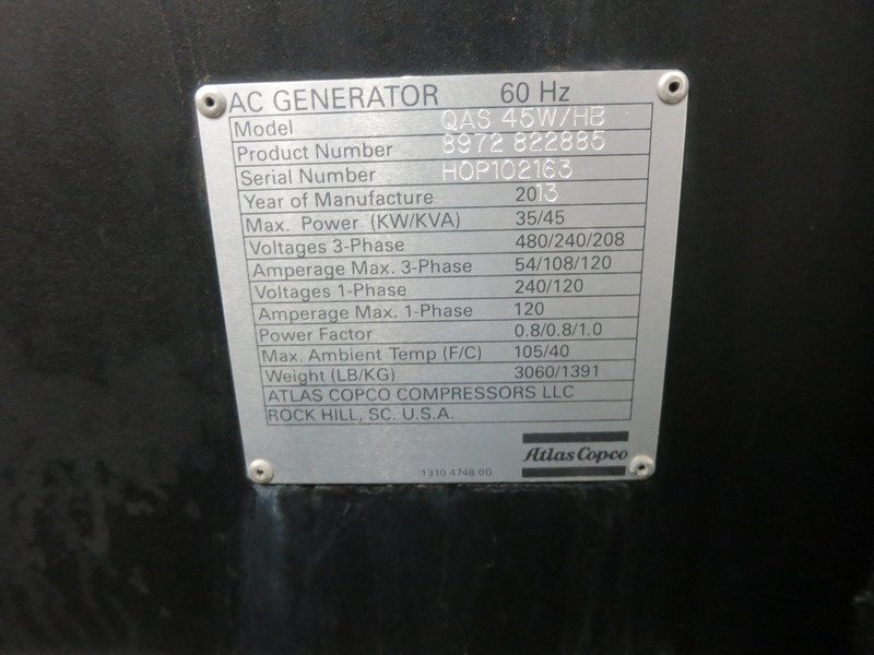 Used Atlas Copco QAS 45 Rental Grade Diesel Generator, 3822 Hrs