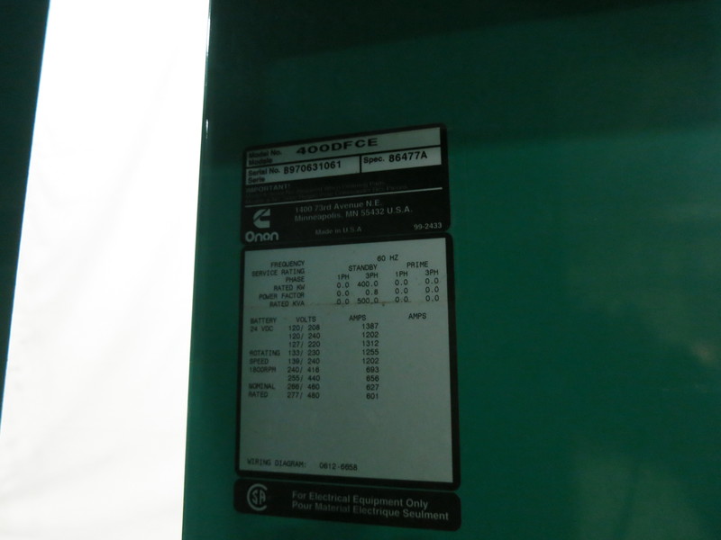 Used Cummins DFCE NTA855-G5 Diesel Generator, 311 Hrs