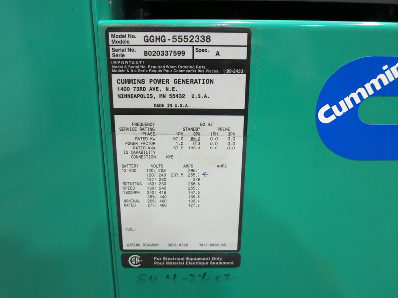 Used Cummins GGHG Natural Gas Generator, 1106 Hrs