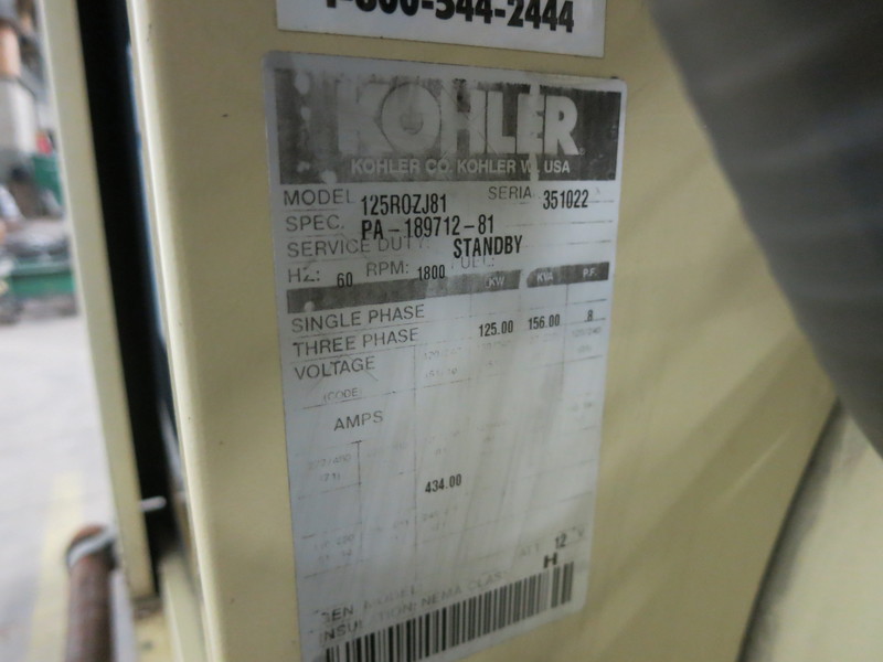 Used Kohler 125ROZJ81 Diesel Generator, 219 Hrs