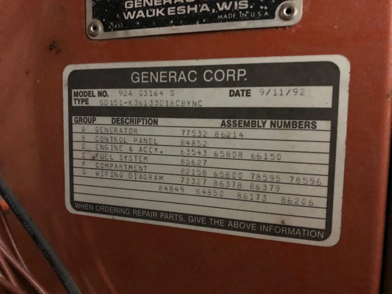 Used Generac SD0150 Portable / Trailered Diesel Generator, 998 Hrs