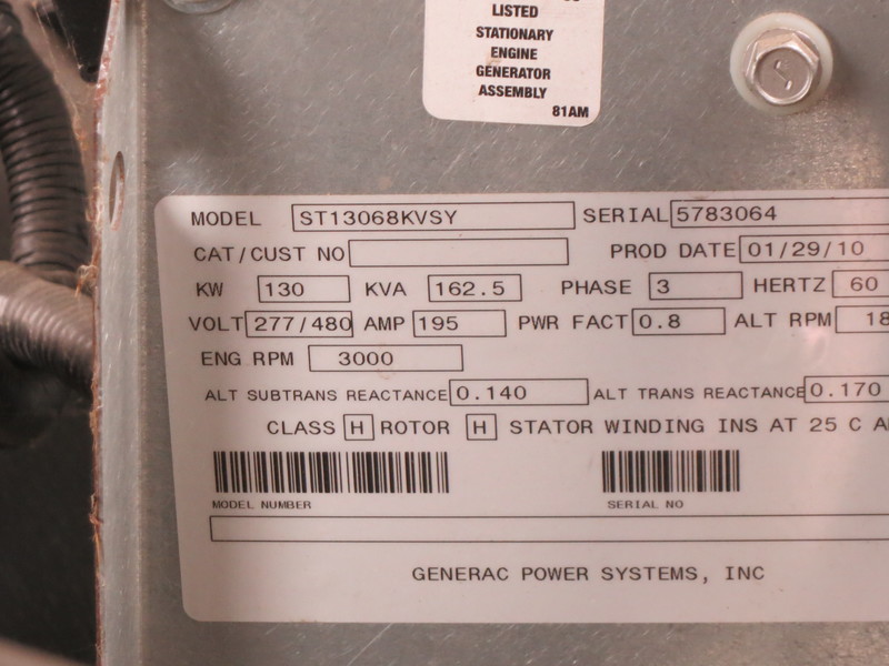 Used Generac ST130 LP / Natural Gas Generator, 219 hrs