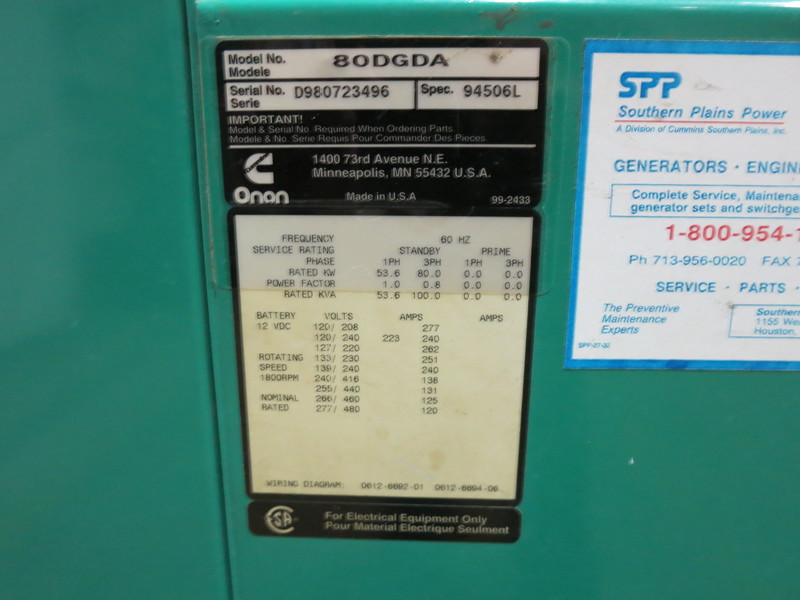 Used Cummins DGDA Diesel Generator, 1719 Hrs