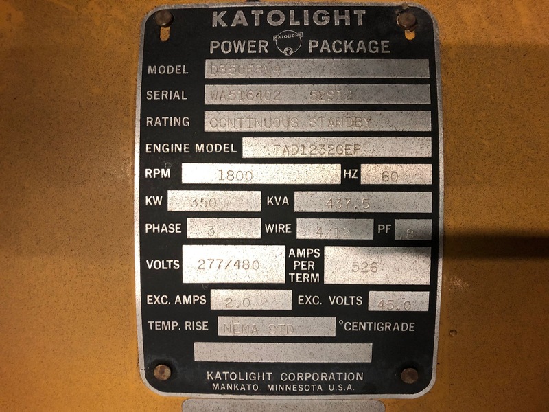 Used Katolight D350FRV4 Diesel Generator, 336 Hrs