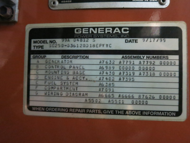Used Generac SD250 Diesel Generator, 228 Hrs