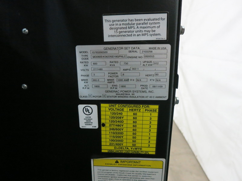 Used Generac MD0600 Paralleling Diesel Generator, 4 Hrs, EPA Tier 2