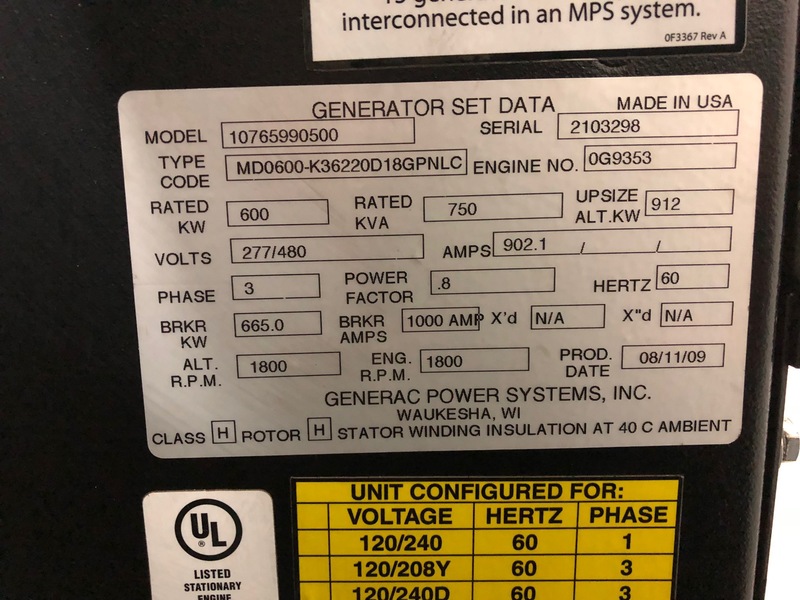 Used Generac MD0600 Paralleling Diesel Generator, 4 Hrs, EPA Tier 2