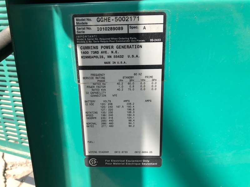 Used Cummins GGHG Natural Gas Generator, 282 Hrs