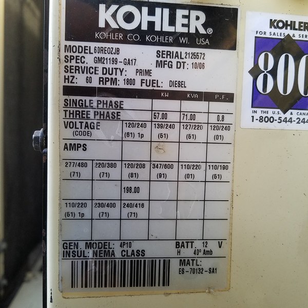 Used Kohler 60REOZJB Diesel Generator, 4382 Hrs