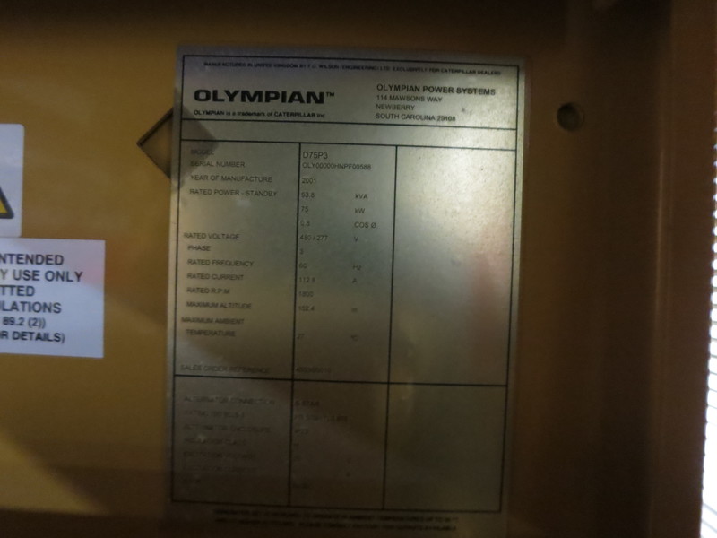 Used Caterpillar D75-P3 Diesel Generator, 242 Hrs