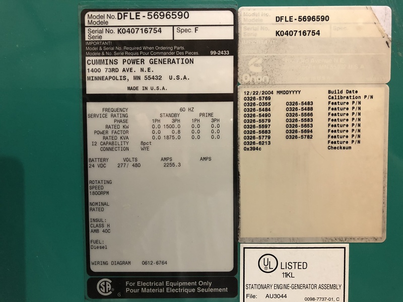 Used Cummins DFLE KTA50-G9 Diesel Generator, 575 Hrs