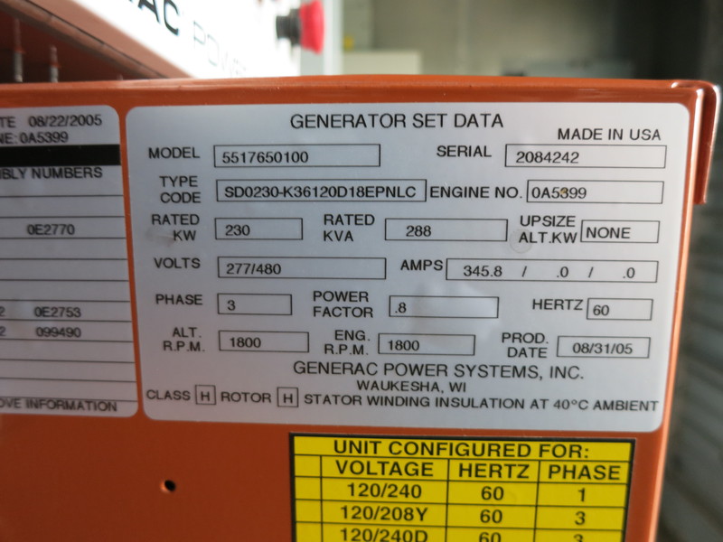 Used Generac SD0230 Diesel Generator, 457 Hrs