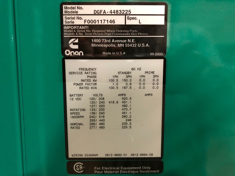 Used Cummins DGFA Diesel Generator, 255 Hrs