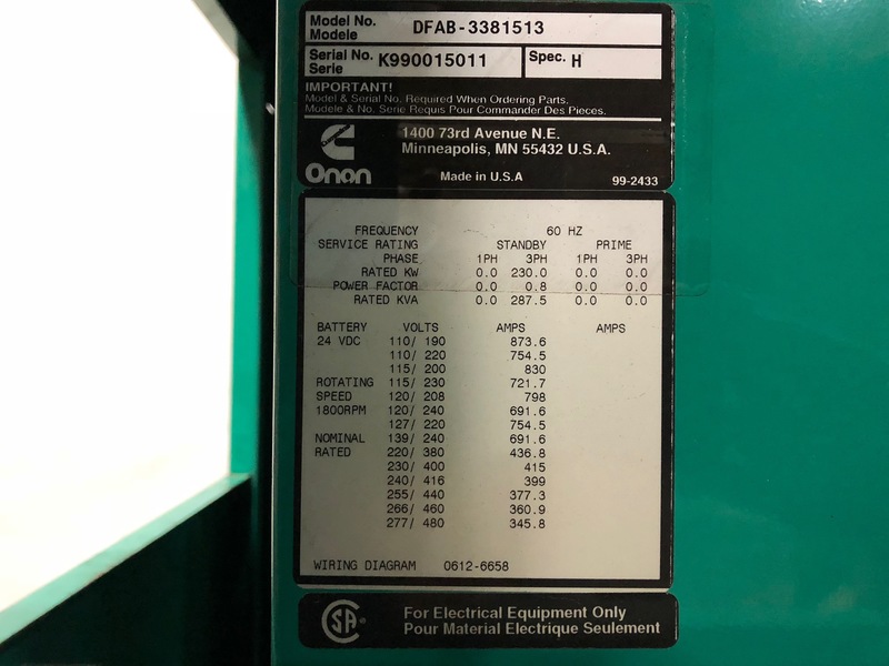 Used Cummins DFAB Diesel Generator, 350 Hrs