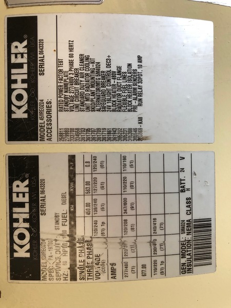 Used Kohler 450REOZD4 Diesel Generator, 301 Hrs