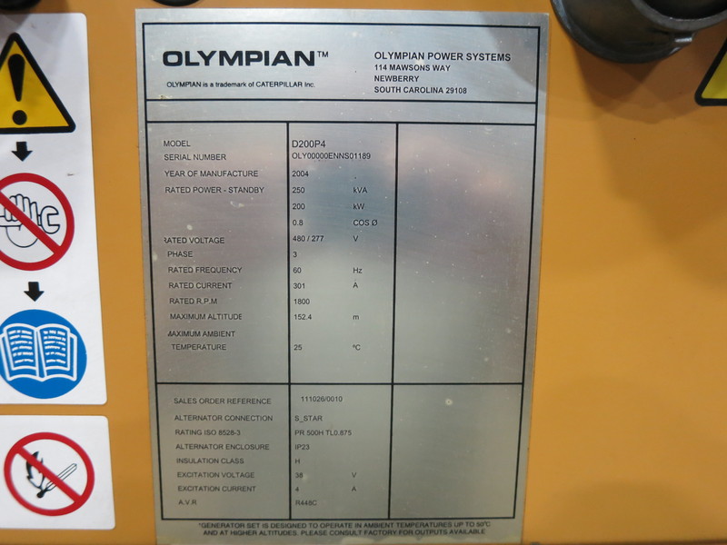 Used Caterpillar D200P4 Diesel Generator, 219 Hrs