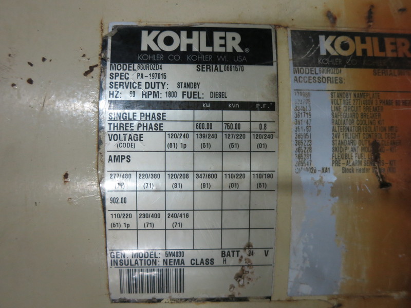 Used Kohler 600ROZD4 Diesel Generator, 404 Hrs