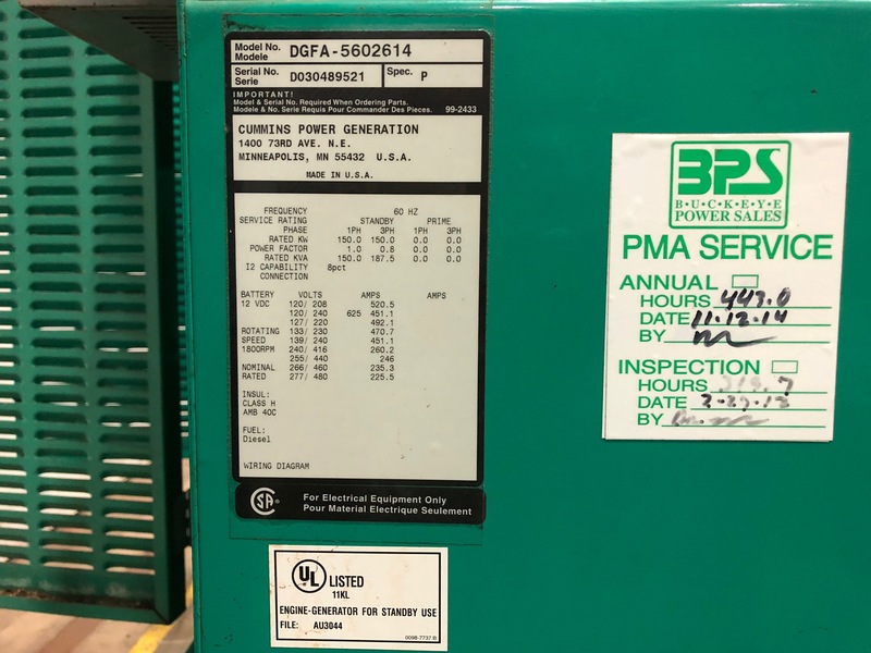 Used Cummins DGFA Diesel Generator, Rated 150 kW 1 & 3 phase, 614 hrs