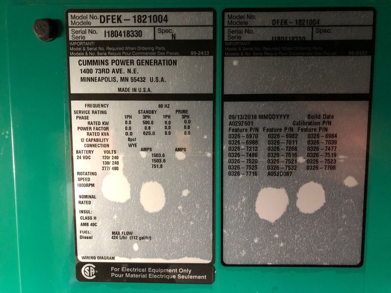 New Cummins DFEK QSX15-G9 NR2 Diesel Generator, EPA Tier 2