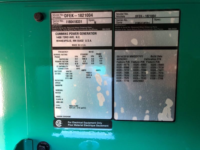 New Cummins DFEK QSX15-G9 NR2 Diesel Generator, EPA Tier 2