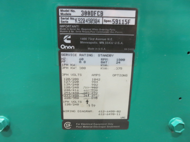 Used Cummins DFCB Diesel Generator, 416 Hrs