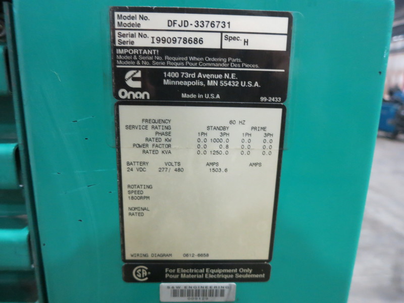 Used Cummins DFJD Diesel Generator, 809 Hrs