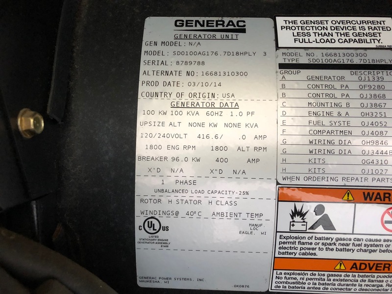 New Generac SD0100 Diesel Generator, 0 hrs, EPA Tier 3, Single Phase