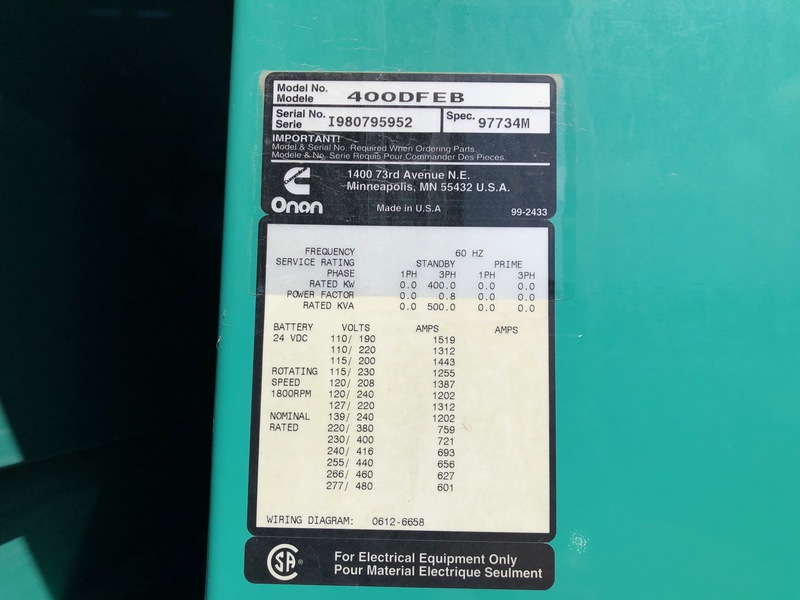 Used Cummins DFEB KTA19-G2 Diesel Generator, 308 Hrs