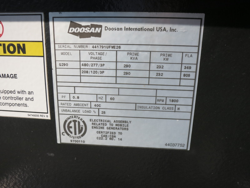 Used Doosan / Cummins G290 Rental Grade Diesel Generator, 4254 Hrs EPA Tier 3 Flex