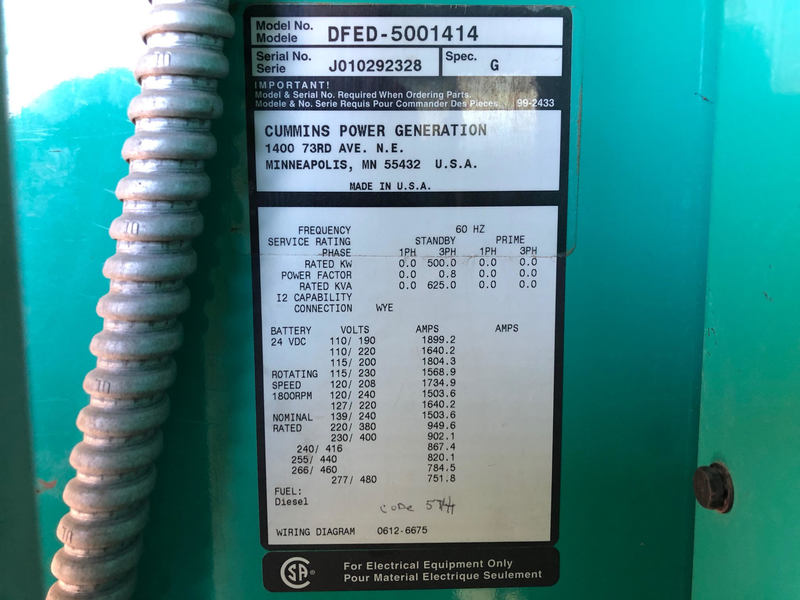 Used Cummins DFED KTA19-G4 Diesel Generator, 341 Hrs