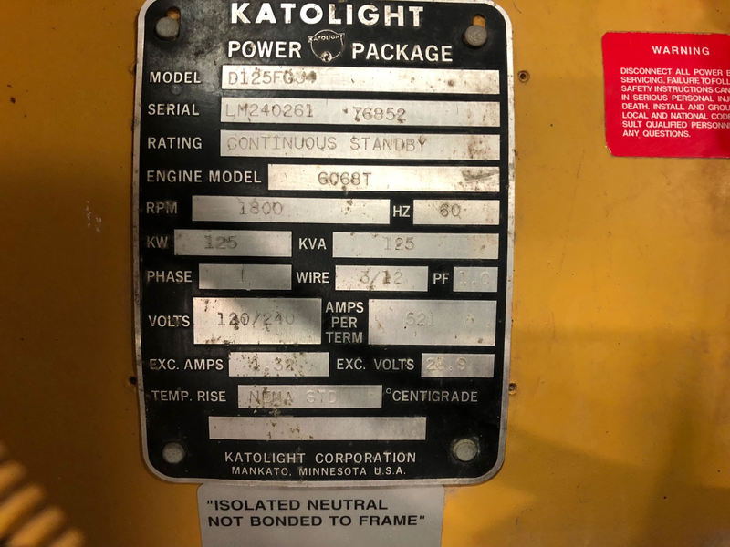 Used Katolight D125FGJ4 Diesel Generator | 196 Hrs Single Phase | 125 ...