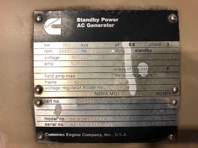 Used Cummins NTTA-855 Diesel Generator, 2008 Hrs