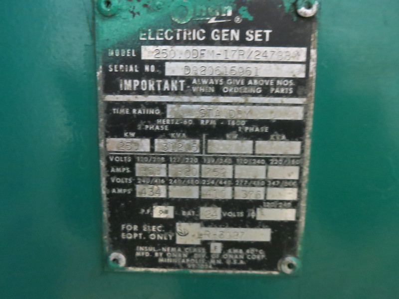 Used Cummins 250 ODFM Diesel Generator, 862 Hrs