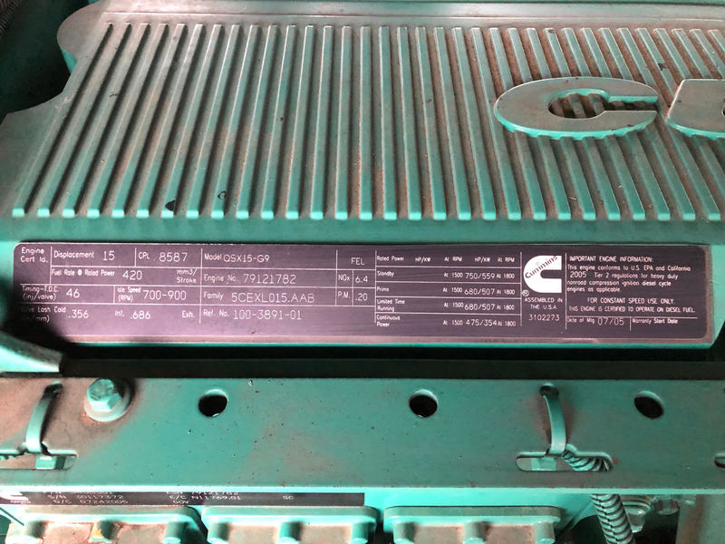 Cummins DFEK QSX15-G9 NR2 Diesel Generator, 471 Hrs, EPA Tier 2