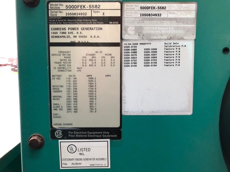 Cummins DFEK QSX15-G9 NR2 Diesel Generator, 471 Hrs, EPA Tier 2