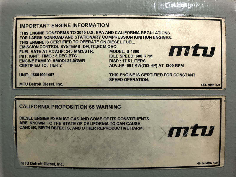 Used MTU DS500 10V1600G80S Diesel Generator 2342 Hrs EPA Tier 2