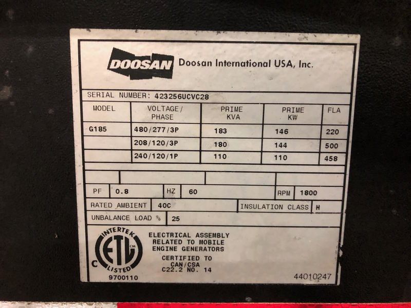 Used Doosan / John Deere G185 Rental Grade Diesel Generator, 9518 Hrs EPA Tier 3