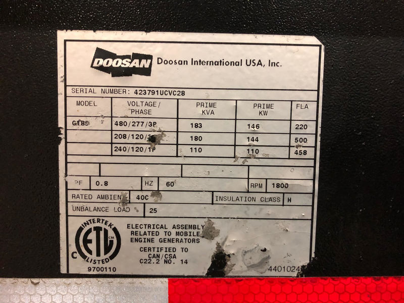 Used Doosan / John Deere G185 Rental Grade Diesel Generator, 11,141 Hrs EPA Tier 3