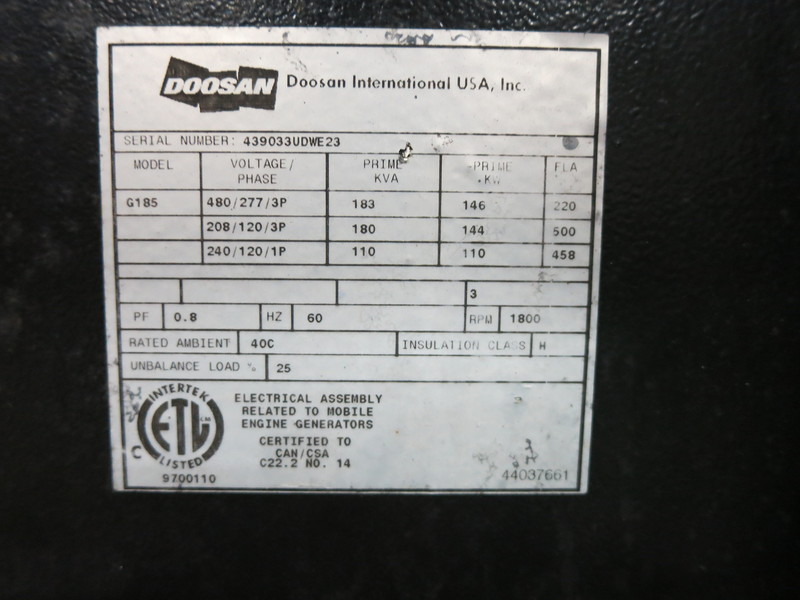 Used Doosan / John Deere G185 Rental Grade Diesel Generator 16,242 Hrs EPA Tier 3