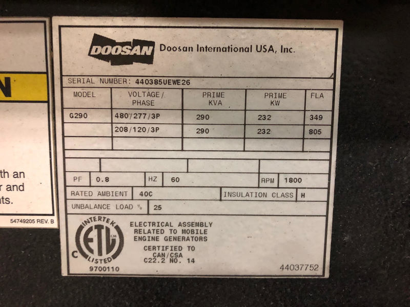 Used Doosan / Cummins G290 Rental Grade Diesel Generator, 615 Hrs EPA Tier 3