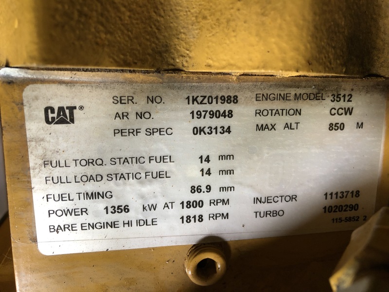 Used Caterpillar 3512MUI Diesel Generator, 255 Hrs