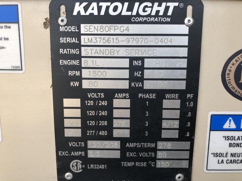 Used Katolight 80FRG4 Natural Gas Generator, 110 Hrs