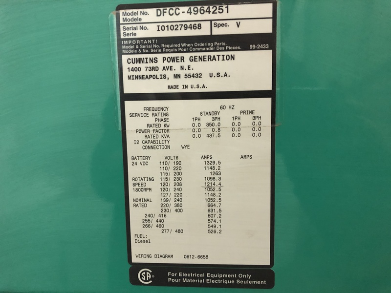 Used Cummins DFCC Diesel Generator, 510 Hrs