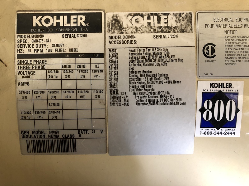 Used Kohler 500ROZD4 Diesel Generator, 466 Hrs