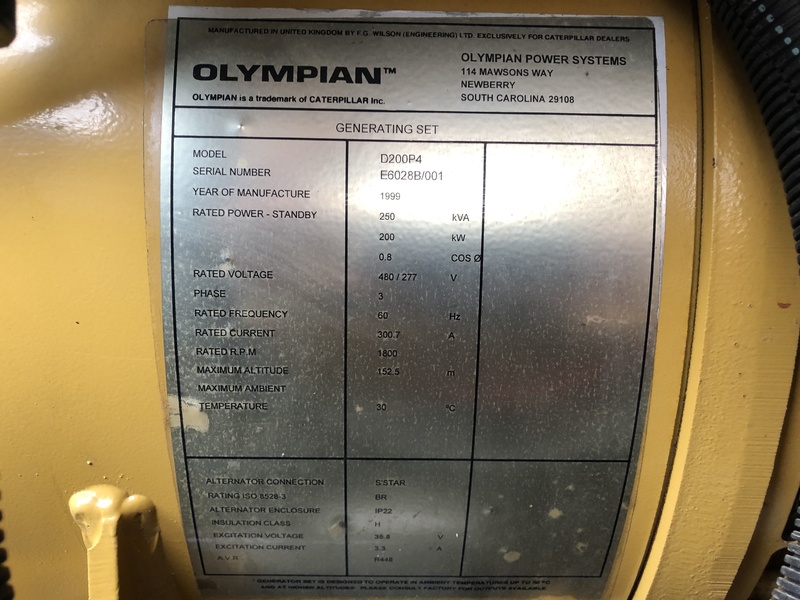 Used Caterpillar D200P4 Diesel Generator, 2130 Hrs