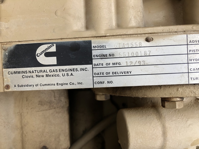 Used Cummins GTA855B Natural Gas Generator, 605 Hrs