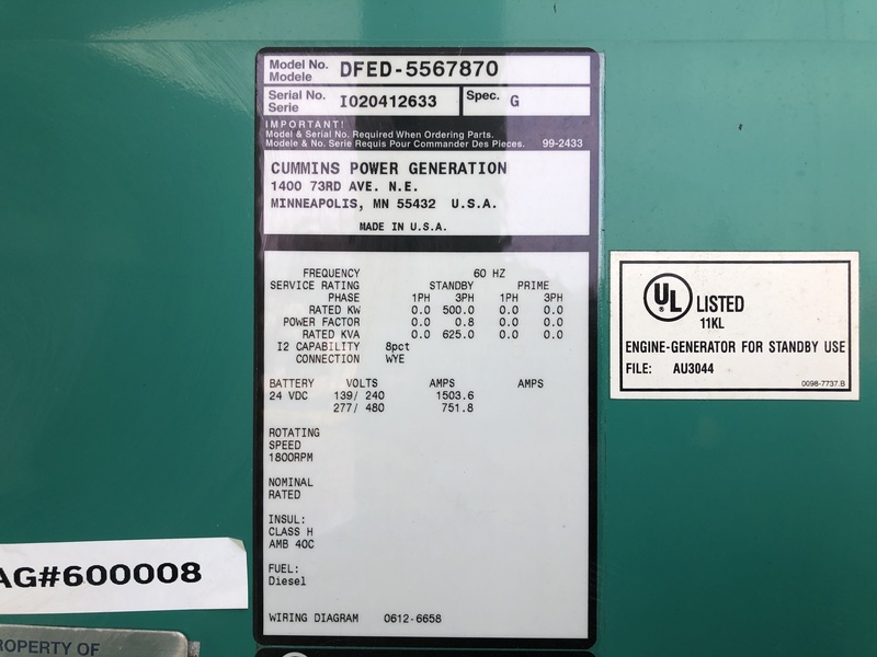 Used Cummins DFED KTA19-G4 Diesel Generator, 70 Hrs