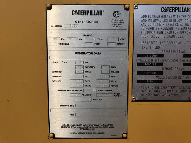 Used Caterpillar 3512 Diesel Generator, 370 Hrs