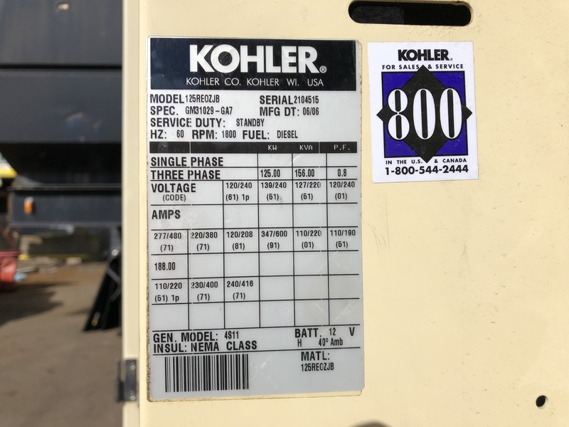 Used Kohler 125REOZJB Diesel Generator, 284 Hrs