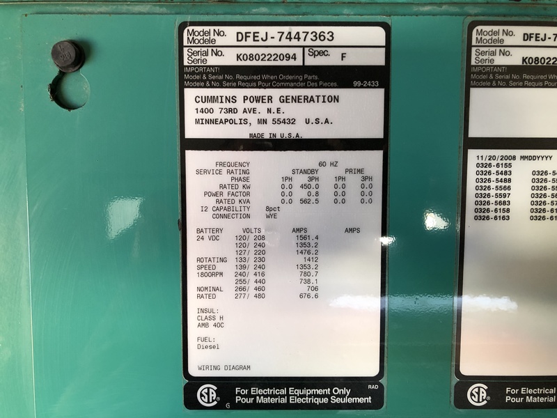 Used Cummins DFEJ QSX15-G9 NR2 Diesel Generator 94 Hrs EPA Tier 2